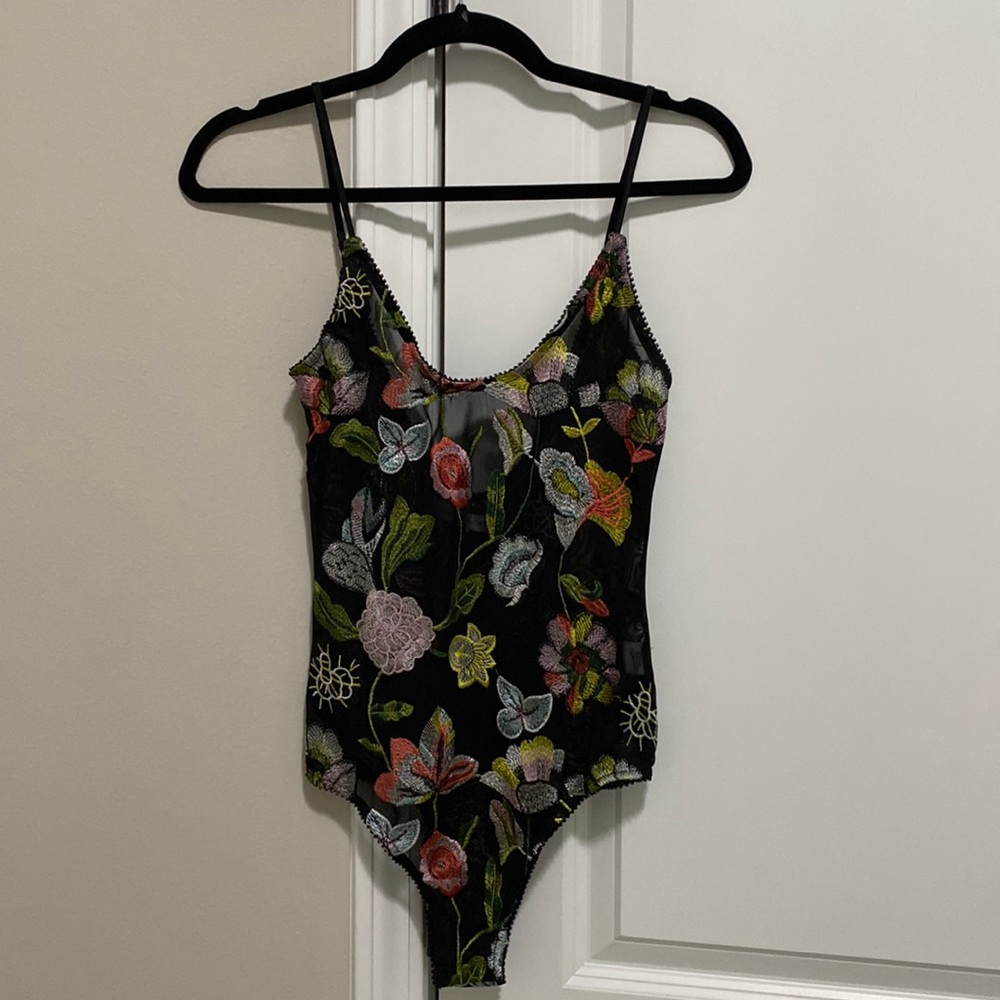 Honey Punch black sheer bodysuit with floral embroidery